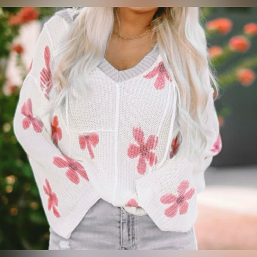 SIZE XL Floral Knit Hooded Sweater - White and Pink